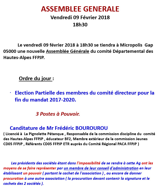 ASSEMBLÉE GÉNÉRALE Vendredi 09 Février 2018 18h30