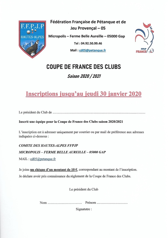 Inscriptions Coupe de France 2020/2021