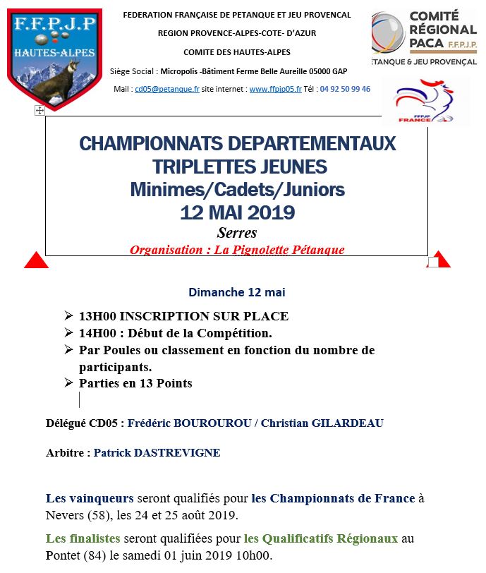 Championnat Départemental Triplettes Jeunes le dimanche 12 mai à SERRES