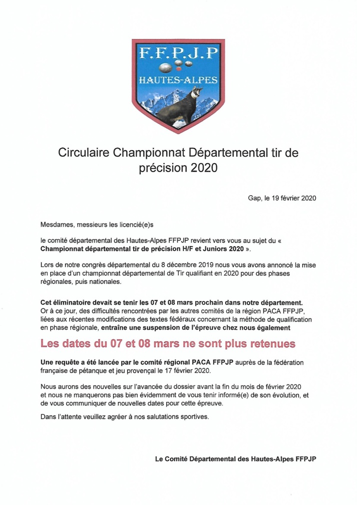 Communiqué Championnat Tir de précision 2020