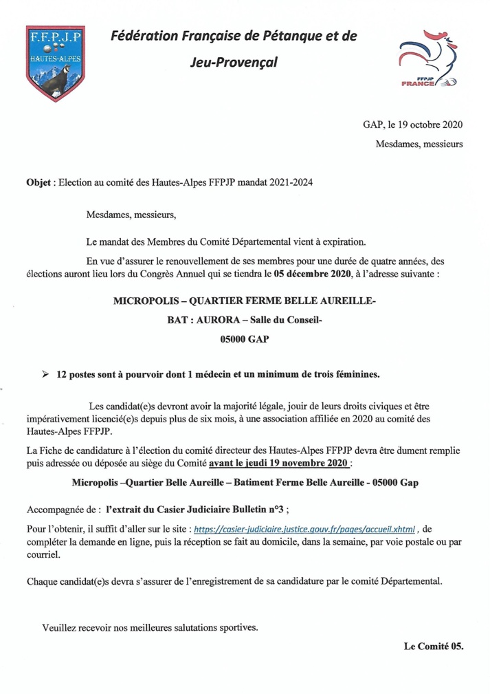 Appel à Candidature : Election 2020 Membres du comité Directeur mandat 2021-2024,  samedi 05 décembre 2020 13h30.