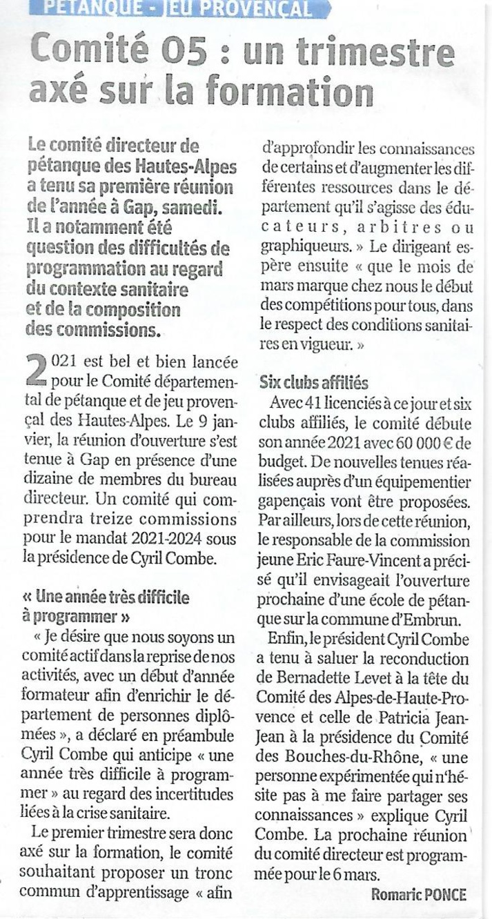 Article du Dauphiné Libéré 13/01/2021