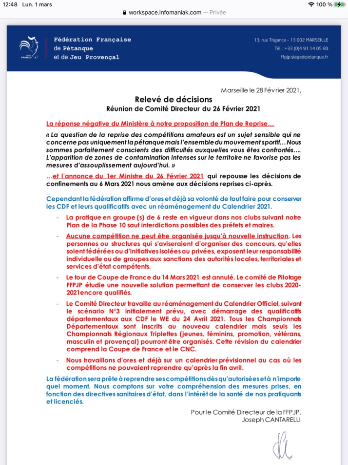 Relevé de décision FFPJP réunion du 26 février 2021