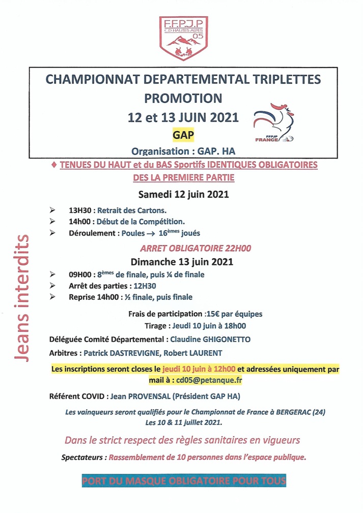 Championnat Départemental Triplettes Promotion 12 et 13 Juin à GAP