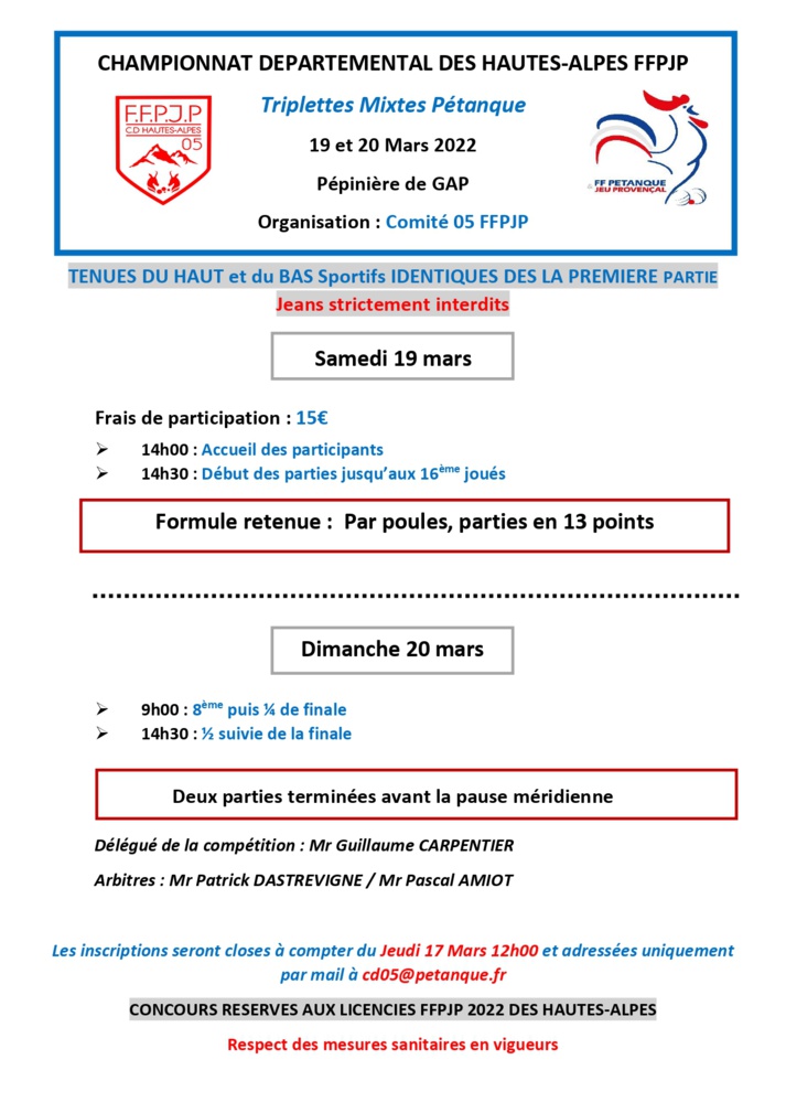 Championnat Départemental Triplettes mixte 19 et 20 Mars 2022