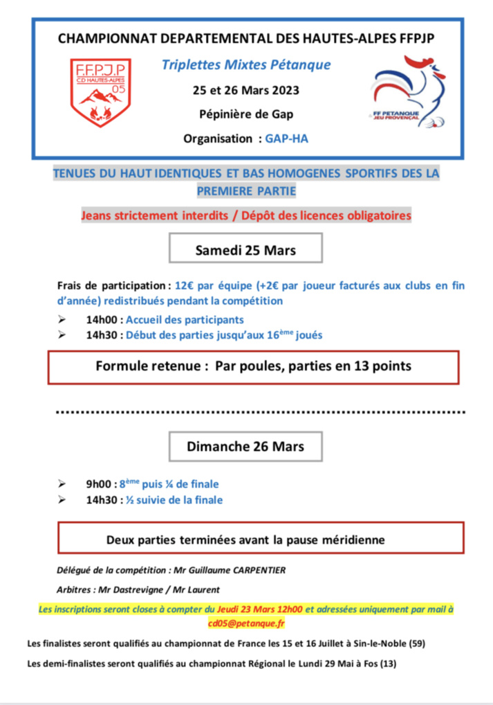 Championnat Qualificatif Triplettes Mixtes 25 et 26 Mars à Gap