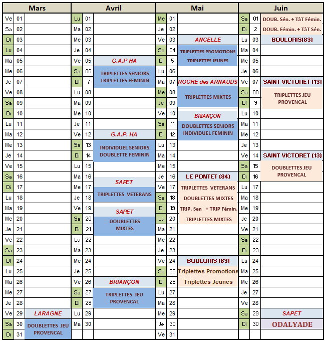 Département et Région  :   Calendrier Championnats 2024