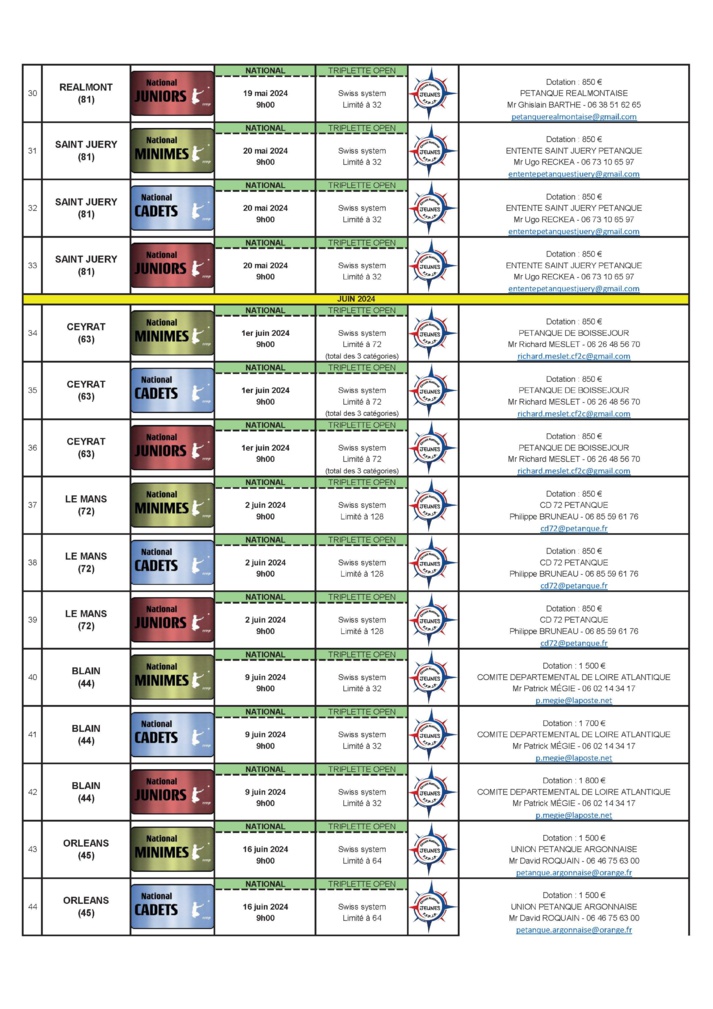 Calendrier jeunes 2024