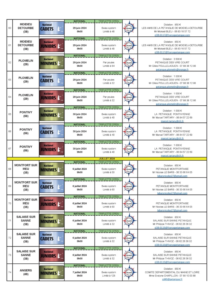 Calendrier jeunes 2024