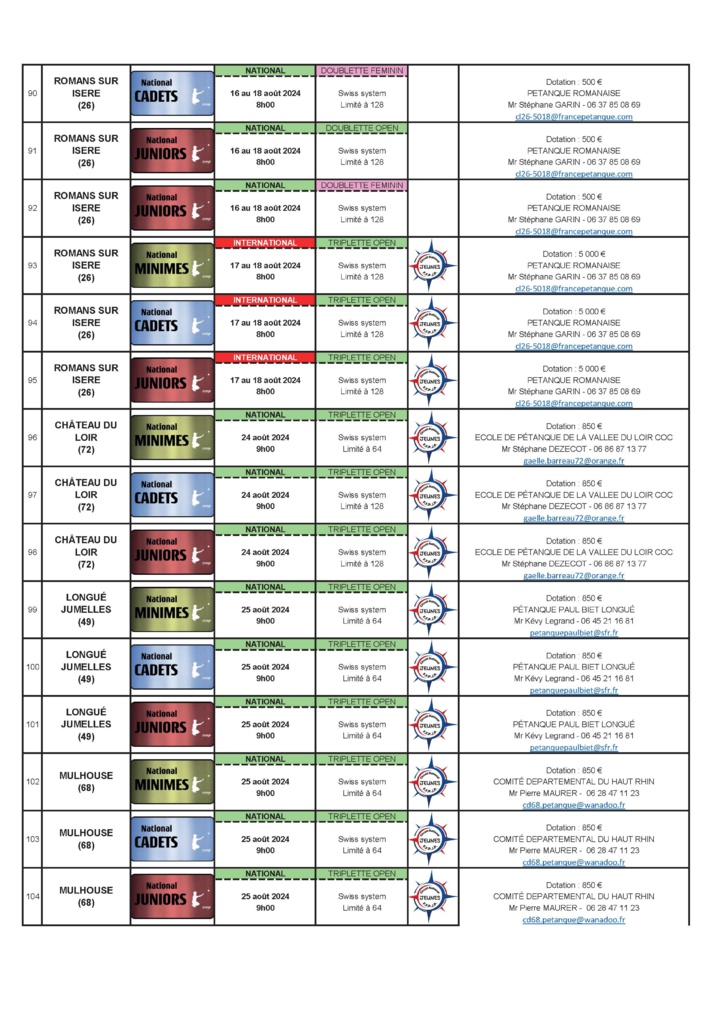 Calendrier jeunes 2024