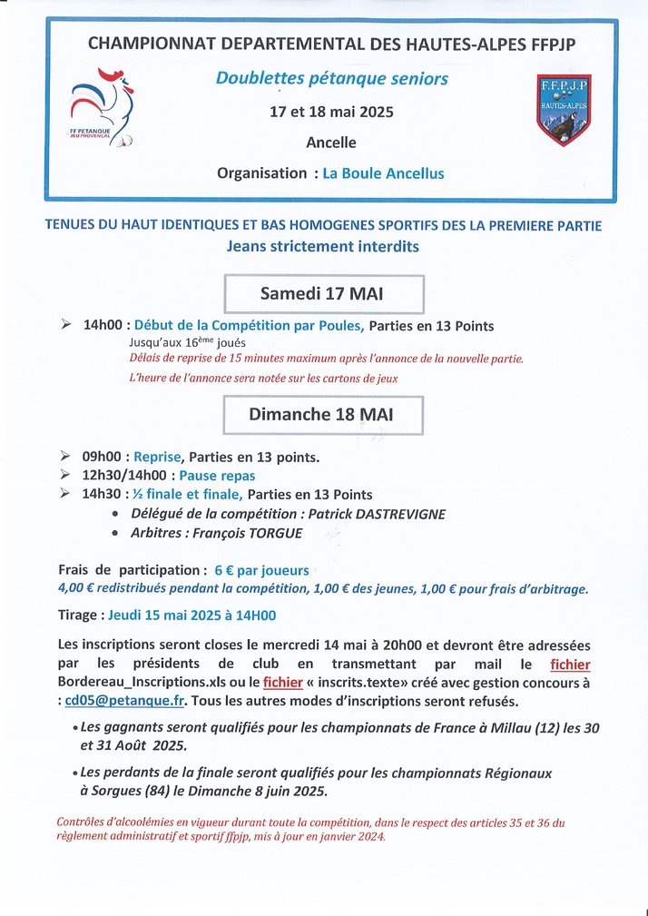 Championnat Départemental Doublettes Pétanque Séniors les 17 et 18 mai 2025 à Ancelle
