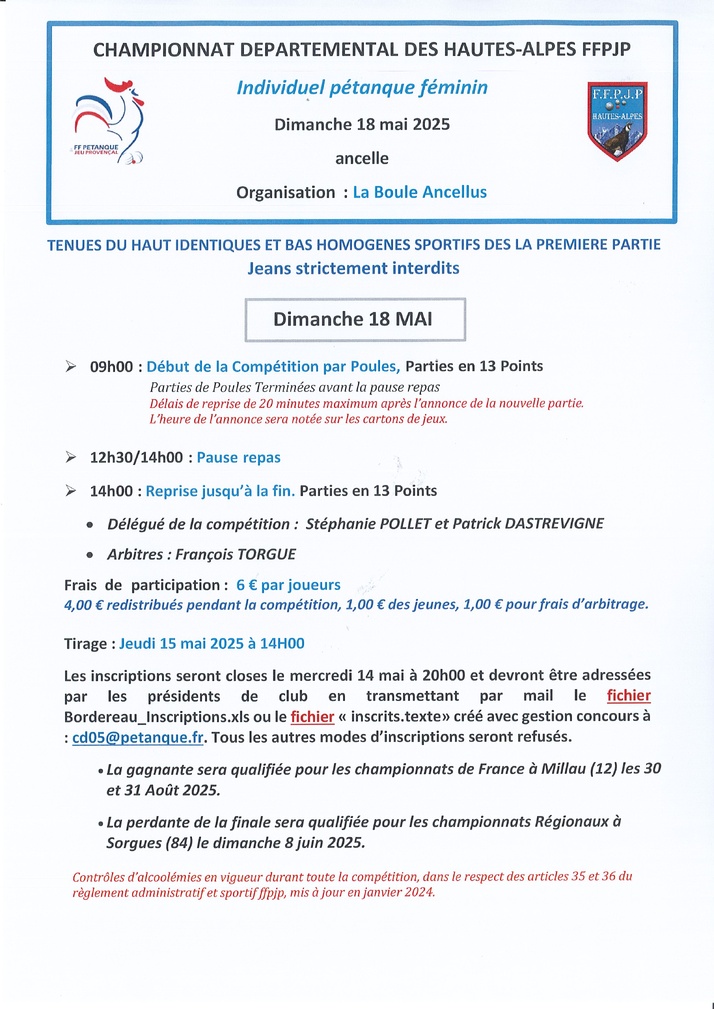 Championnat Départemental Individuel Pétanque Féminin le 18 mai  2025 à Ancelle