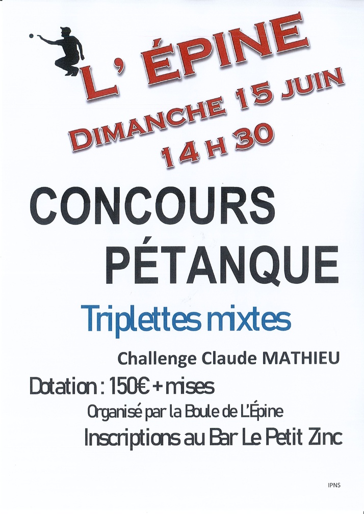 Concours Pétanque Triplettes Mixte le 15 juin 2025 à L'épine
