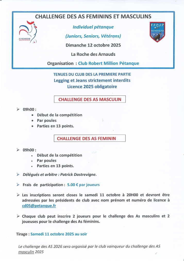 Challenge des AS Dimanche 12 octobre 2025 à La Roche des Arnauds