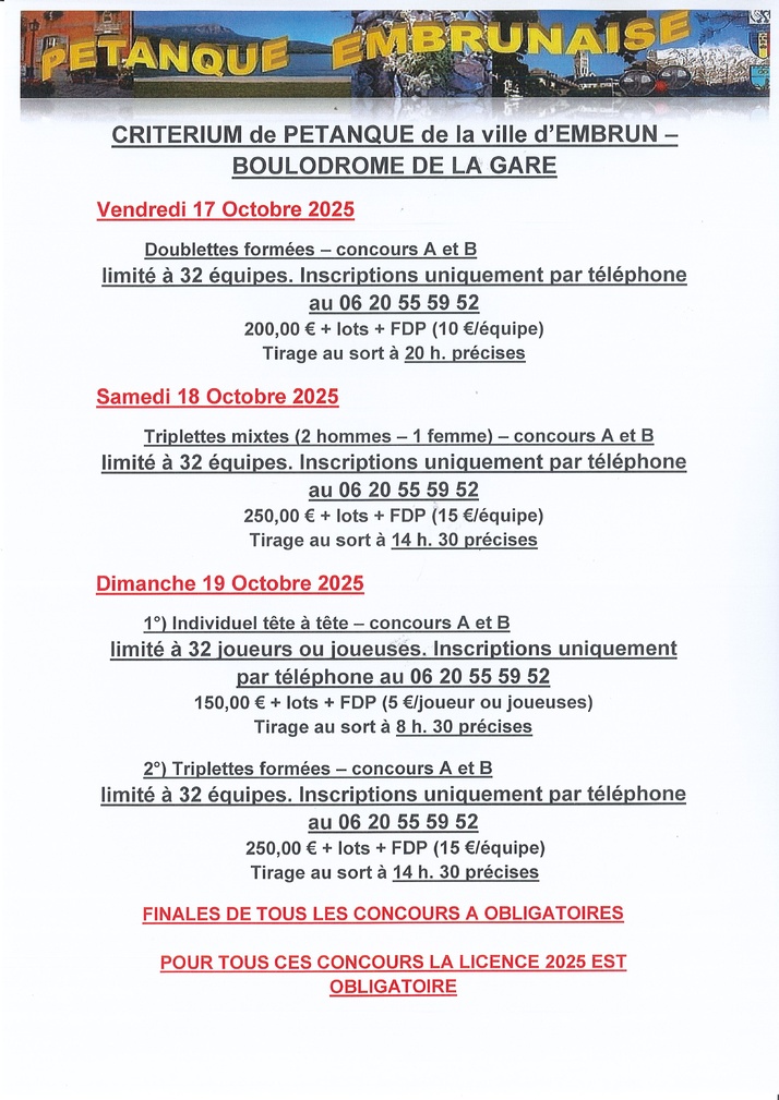 Créterium Pétanque Embrunaise du 17 au 19 Octobre 2025