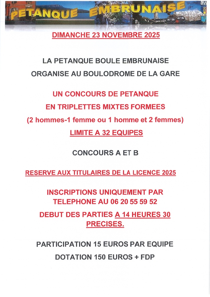 Concours Pétanque Triplettes Mixtes Formés à Embrun le 23 Novembre 2025