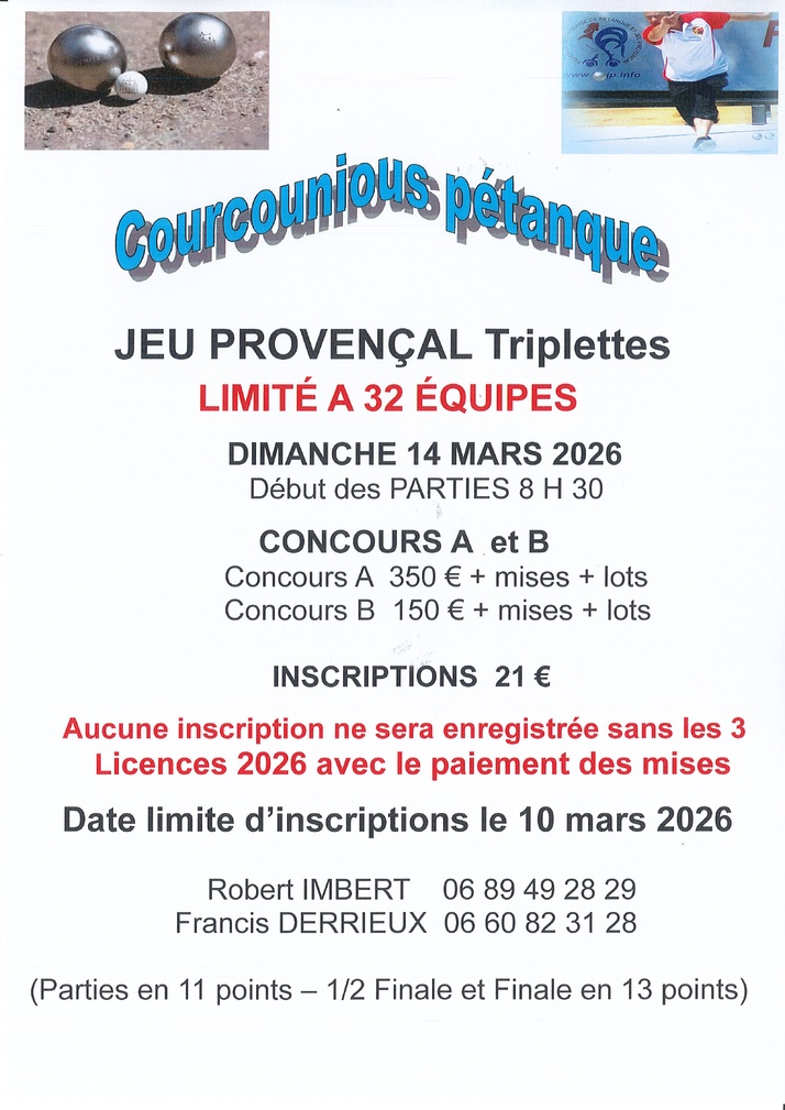 Concours Jeu Provençal Triplettes Courcounious à Gap Dimanche 14 Mars 2026