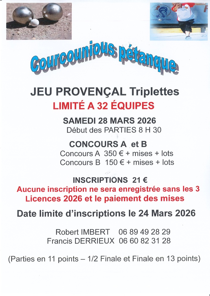 Concours Jeu Provençal Triplettes Courcounious à Gap Dimanche 28 Mars 2026