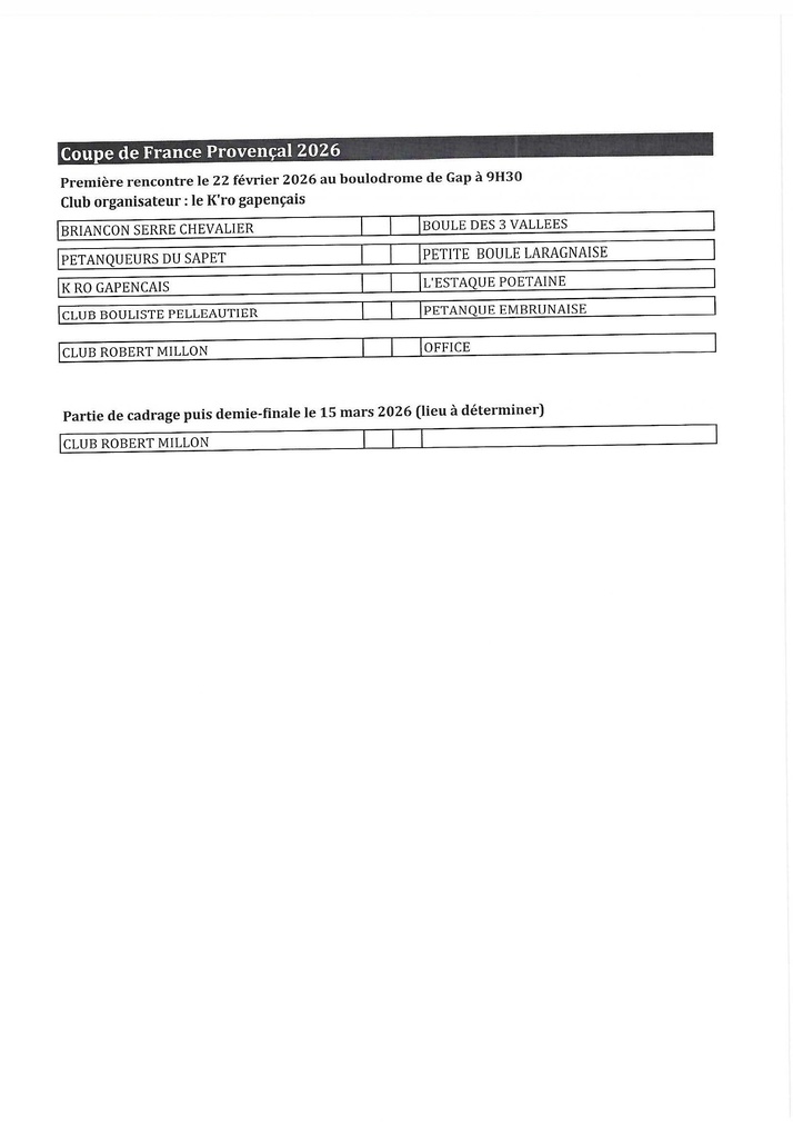 Tirage Coupe de France Provençal 22 Février 2026 9H30 à Gap