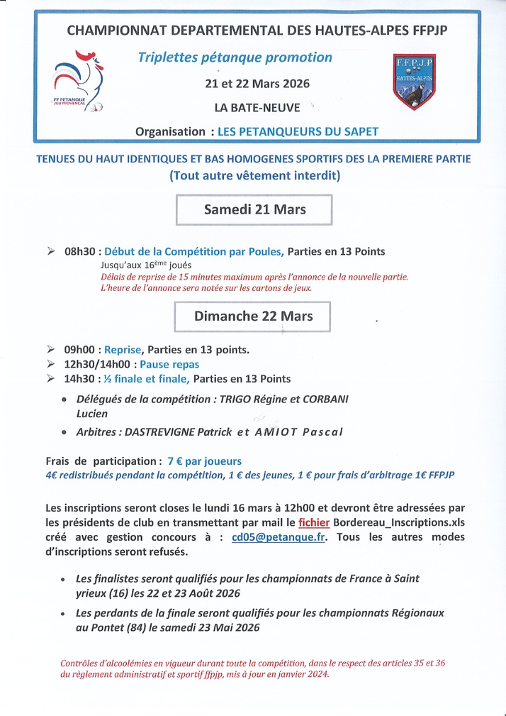 Championnat Départemental Triplettes Pétanque Promotion les 21 et 22 mars 2025 à La Bâtie-Neuve