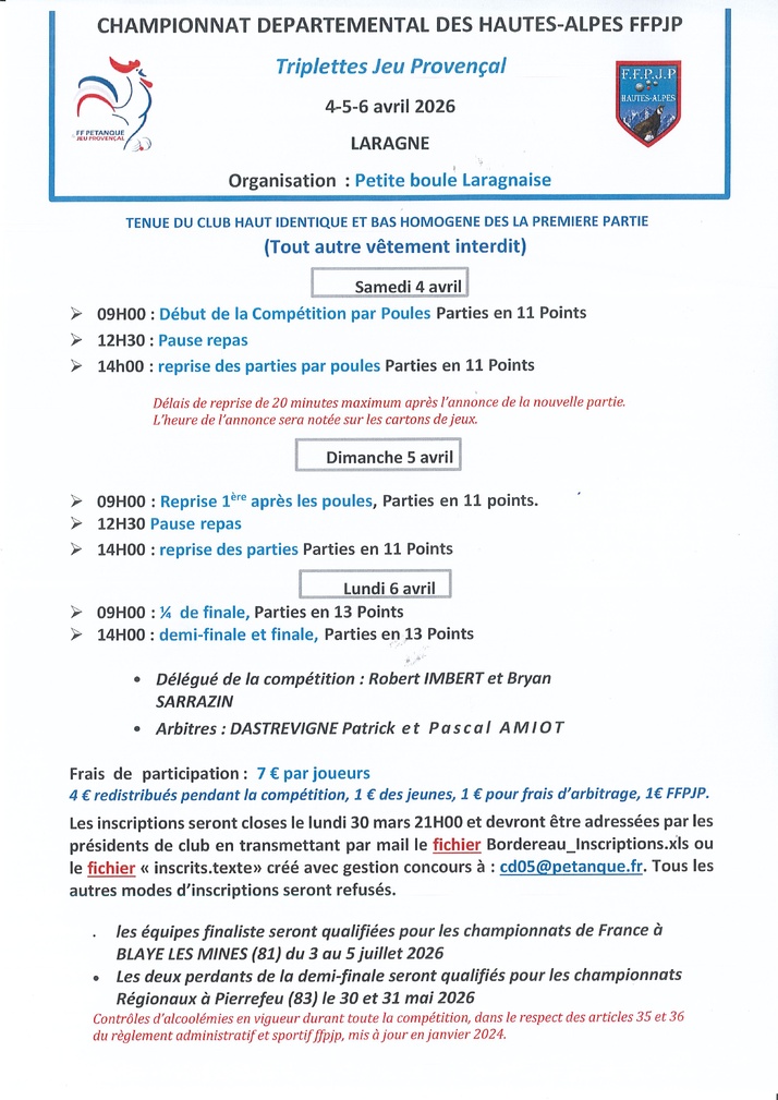 Championnat Départemental Triplettes Jeu Provençal les 4-5-6 Avril 2026 à Laragne Championnat Départemental Triplettes Jeu Provençal les 4-5-6 Avril 2026 à Laragne