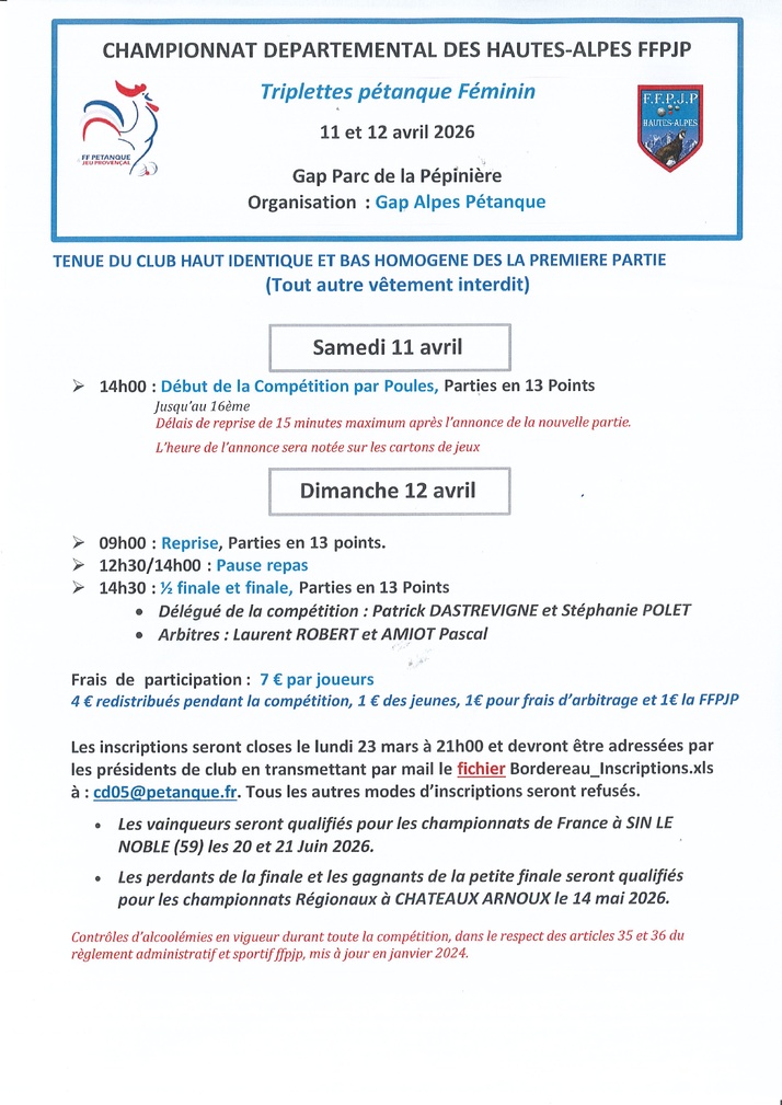 Championnat Départemental Triplettes Pétanque Féminin les 11 et 12 avril 2026 à GAP