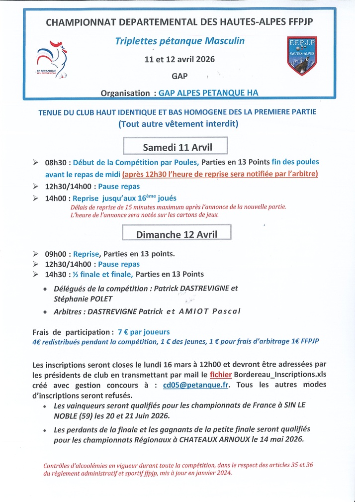 Championnat Départemental Triplettes Pétanque Masculin les 11 et 12 avril 2026 à GAP