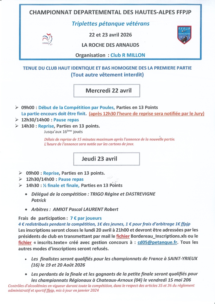 Championnat Départemental Triplette  Pétanque Vétérans les 22 et 23 avril 2026 à La Roche des Arnauds