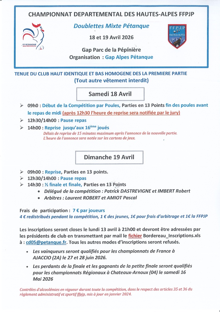 Championnat Départemental Doublettes Pétanque Mixtes les 18 et 19 avril 2026 à GAp