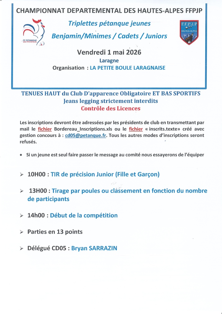 Eliminatoire Jeunes vendredi 1 mai 2026 à Laragne