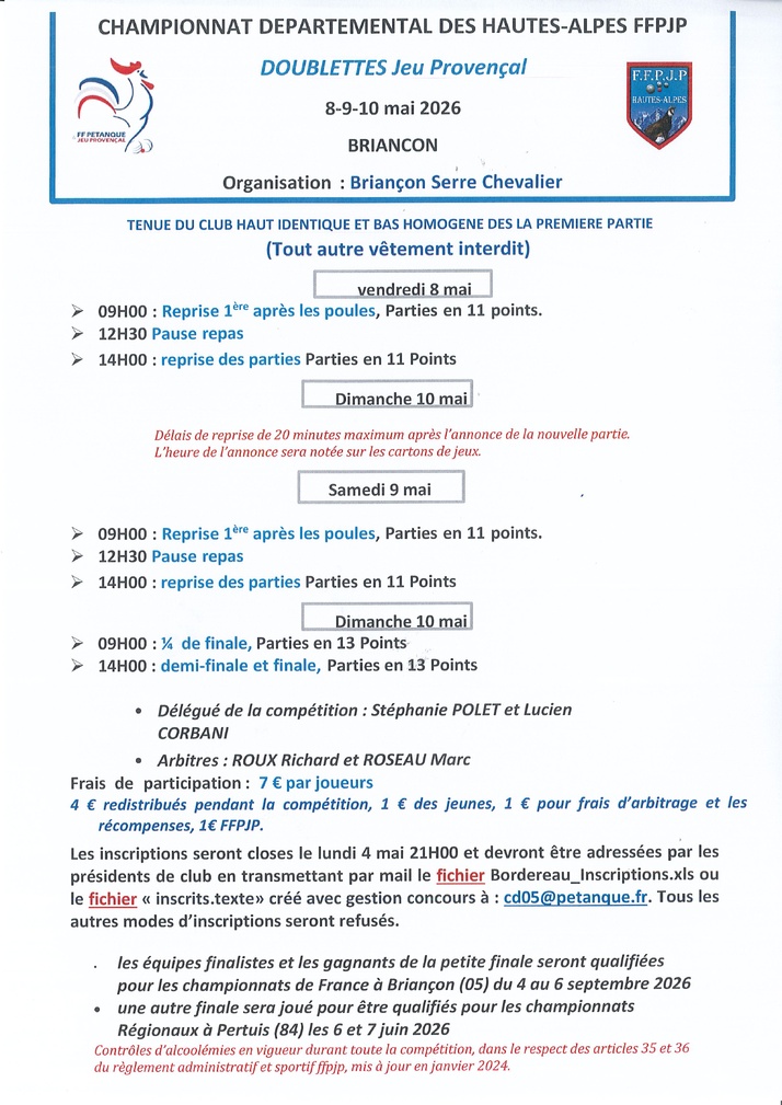 Championnat Départemental Doublettes Jeu  Provençal les 8-9-10 mai 2026 à Briançon