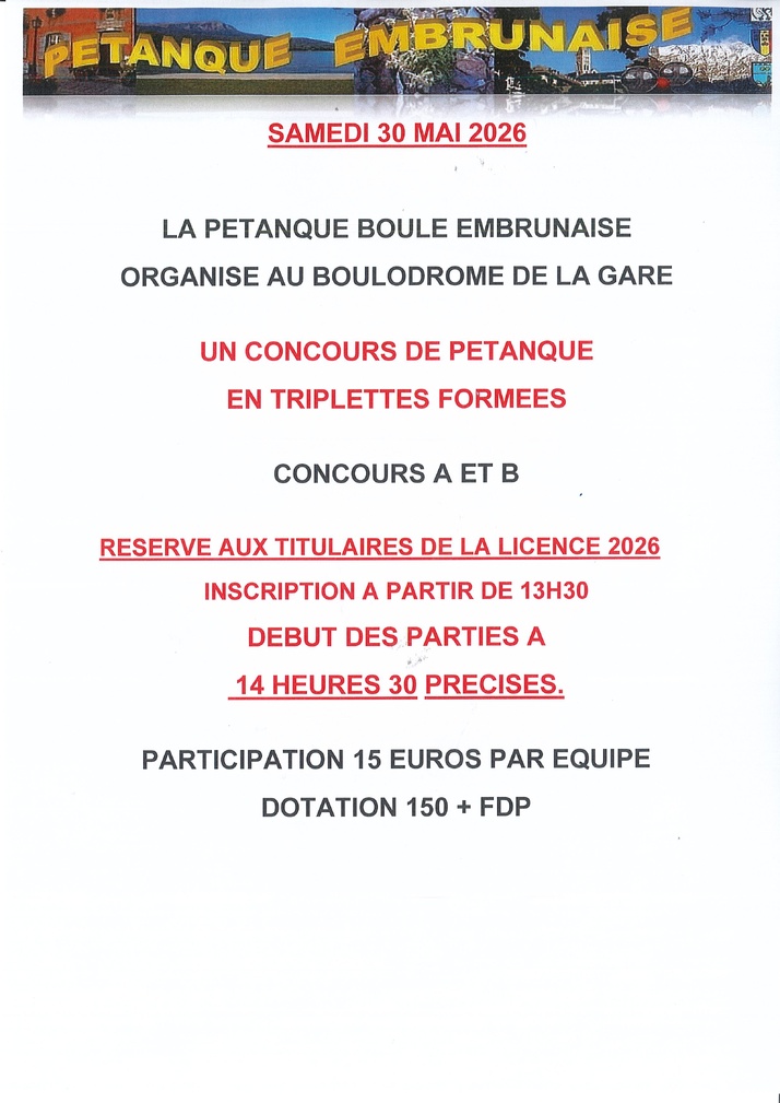 Concours de Pétansque à Embrun samedi 30 mai 2026