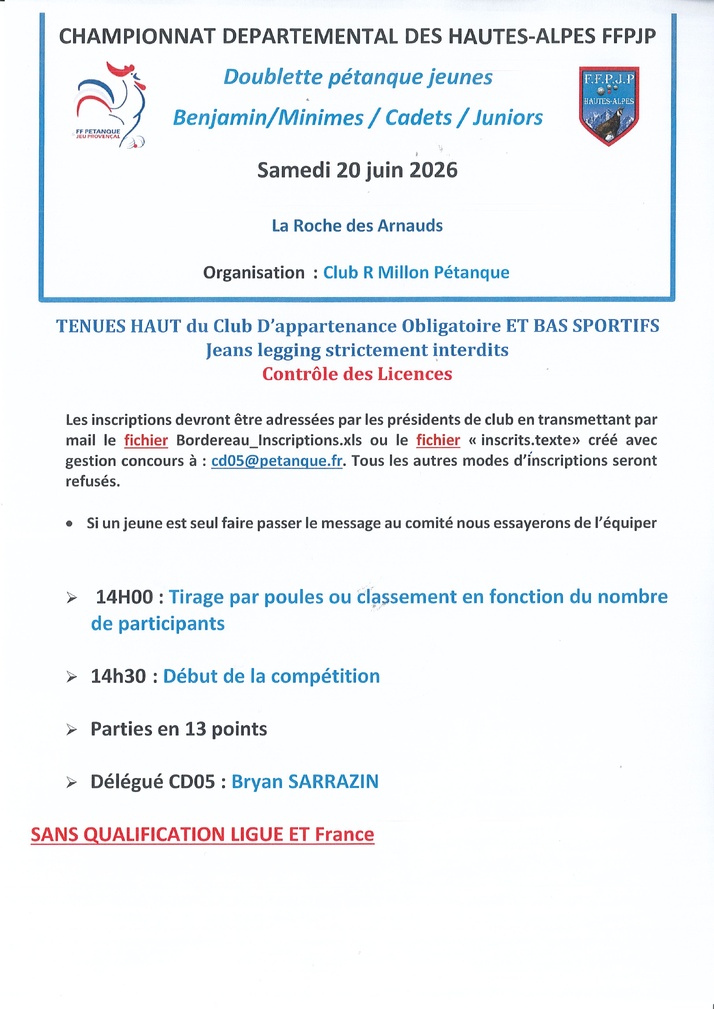 Championnat Départemental Doublettes Jeunes Samedi 20 juin 2026 à La Roche des Arnauds