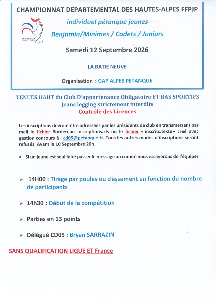 Eliminatoire Jeunes Samedi 12 Septembre 2026 à La Bâtie-Neuve