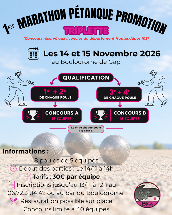 Marathon Triplette Promotion 14 et 15 Novembre 2026 au Boulodrome gap organisé par le K'ro Gapencais