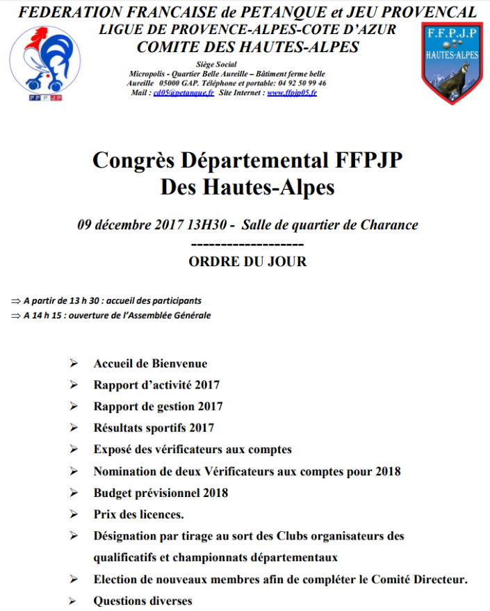 Congrès Départemental FFPJP 05 - Samedi 09 Décembre 2017 à partir de 13h30 à GAP - CHARANCE