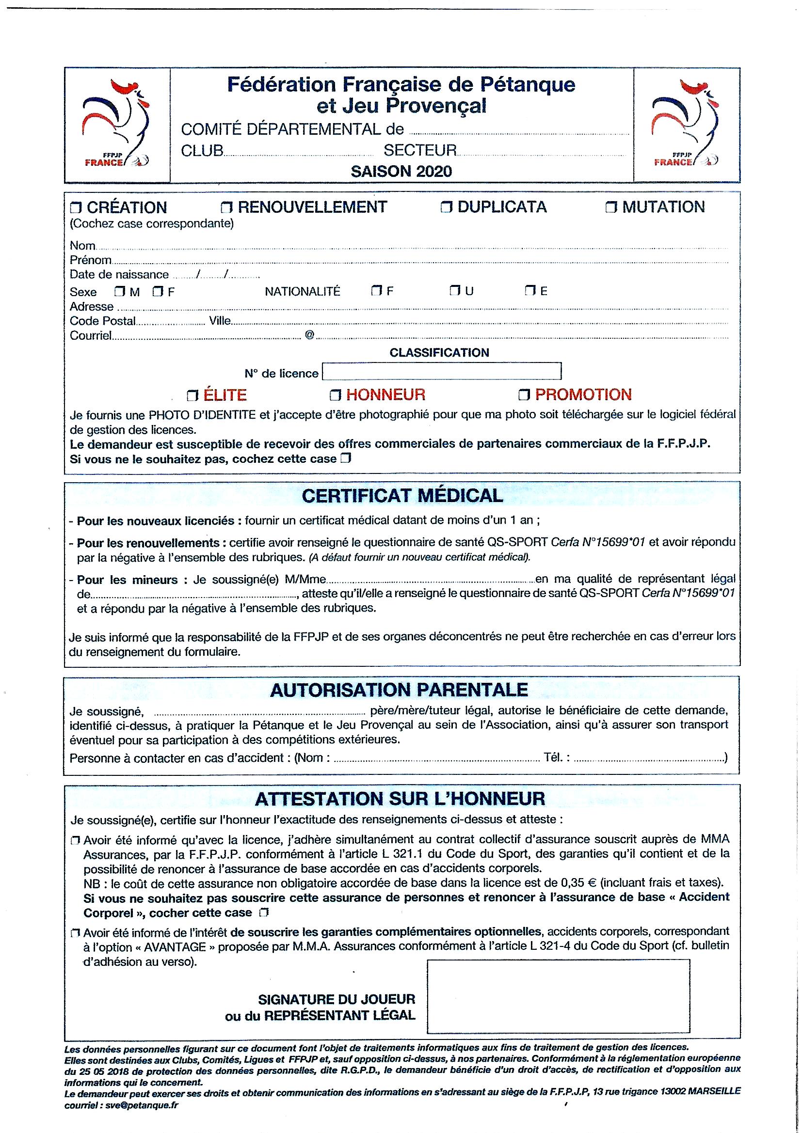 Bordereau licence FFPJP 2020