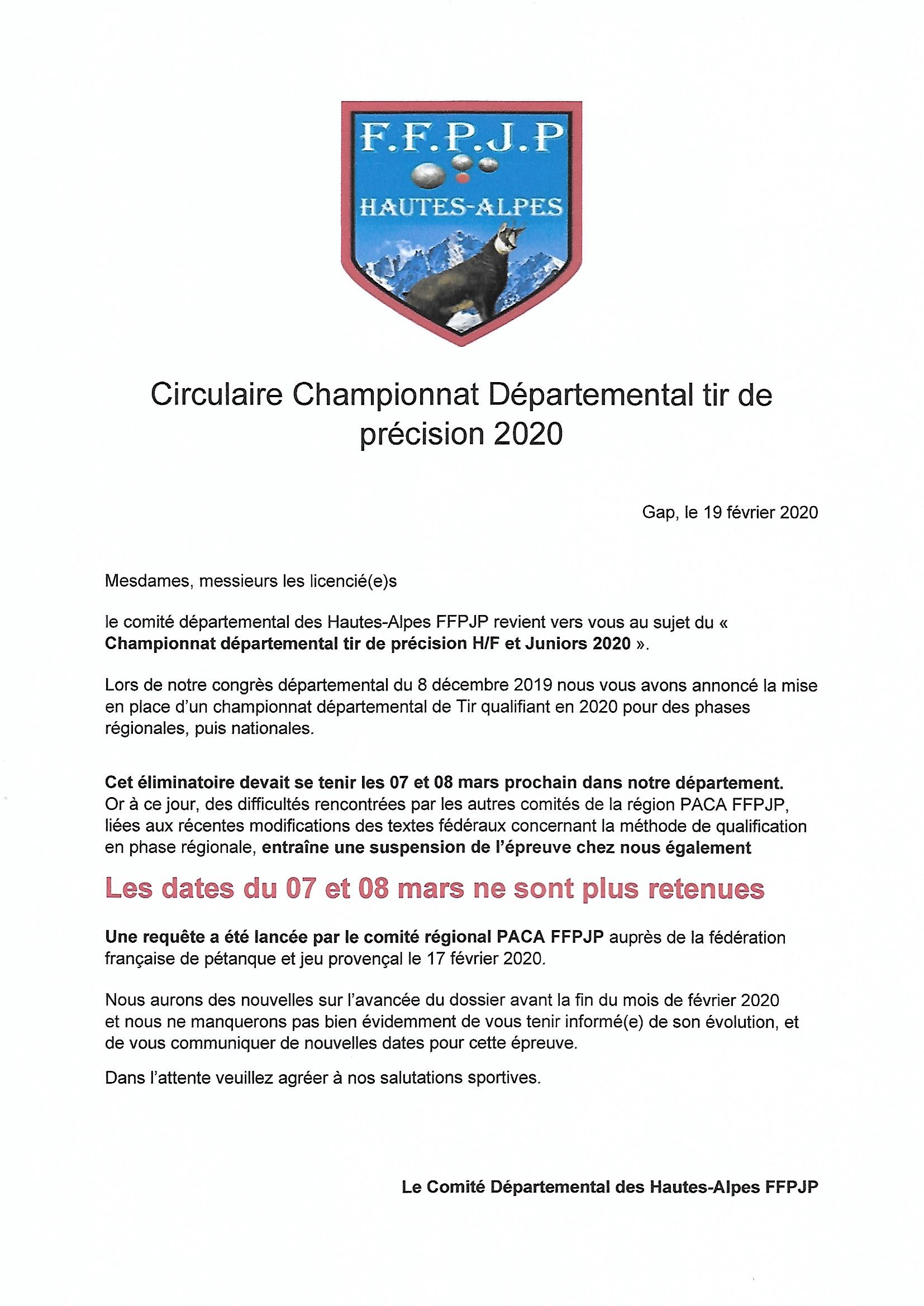 Communiqué Championnat Tir de précision 2020