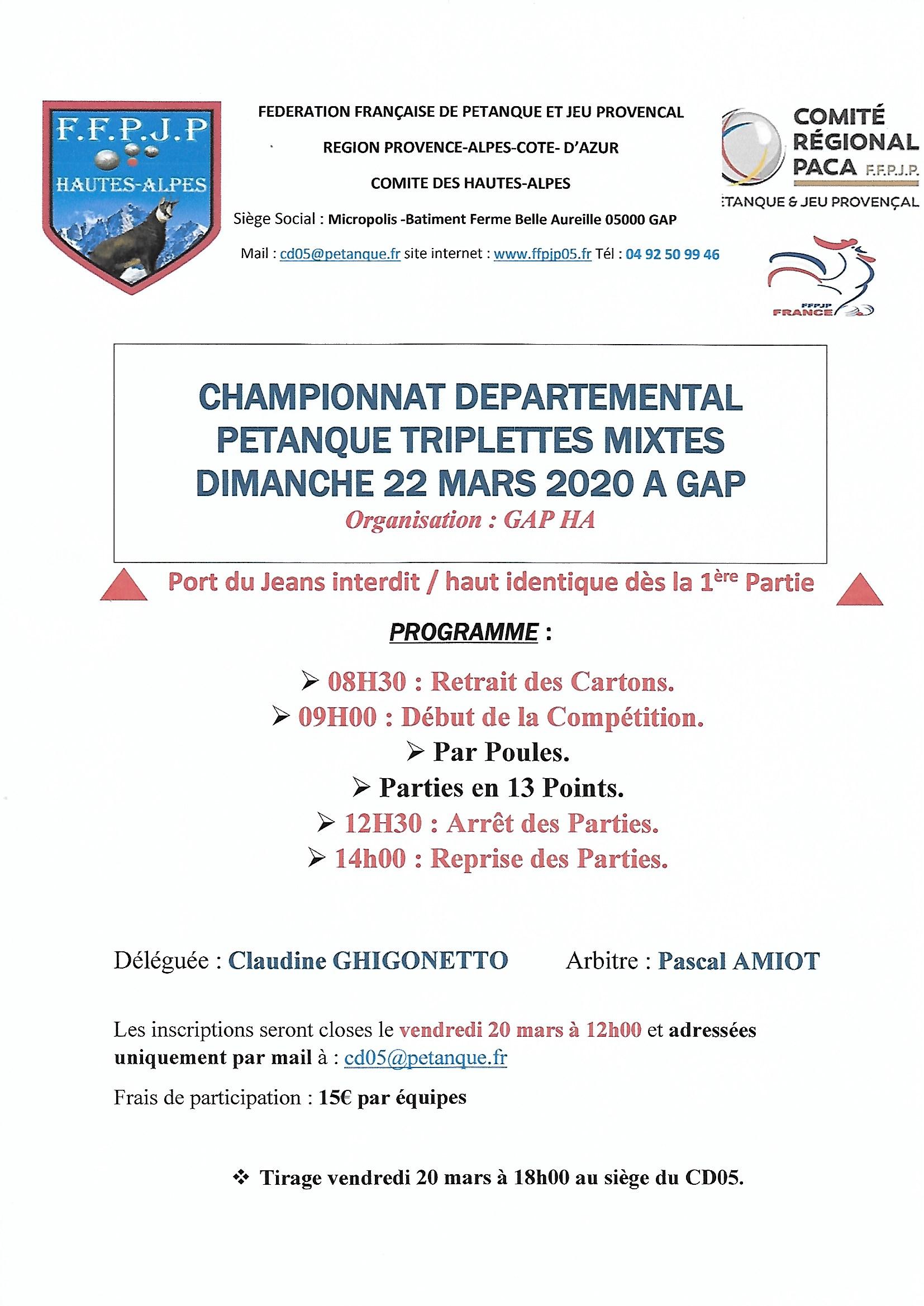 Championnat Départemental triplettes mixtes le 22 mars à GAP