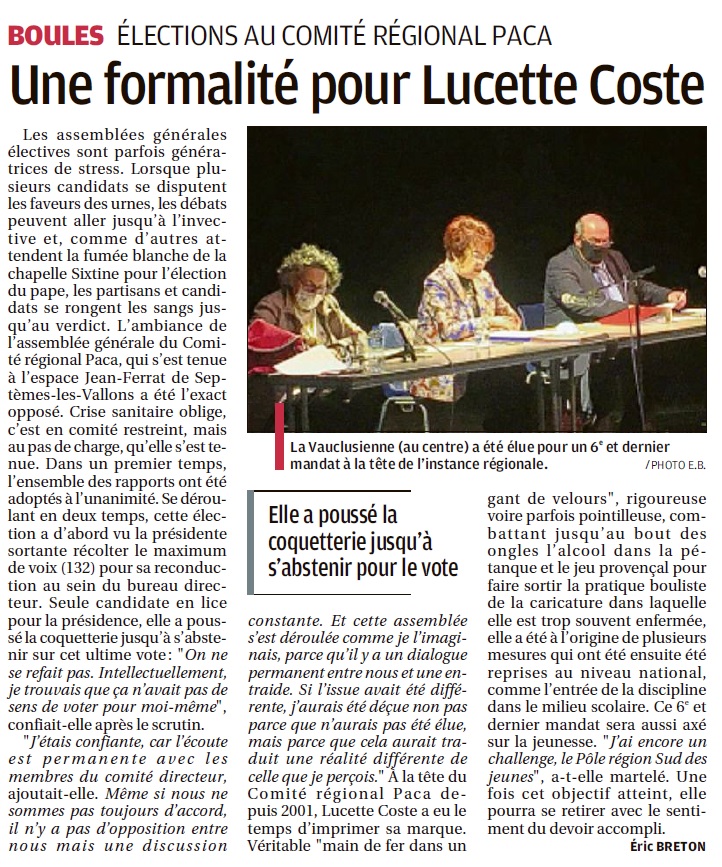 Article du Journal " La Provence" suite AG CR PACA FFPJP