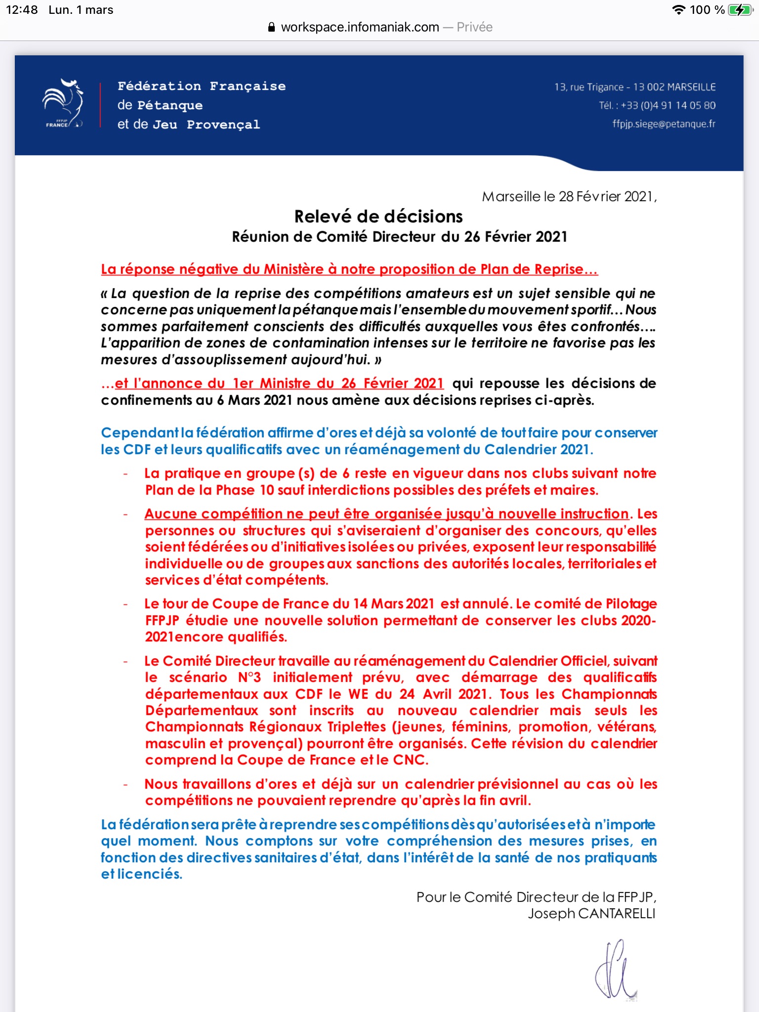 Relevé de décision FFPJP réunion du 26 février 2021