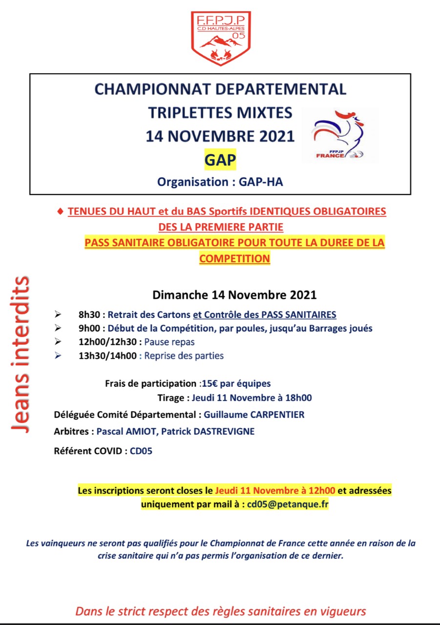 Championnat Départemental Triplettes Mixtes 14 Novembre 2021