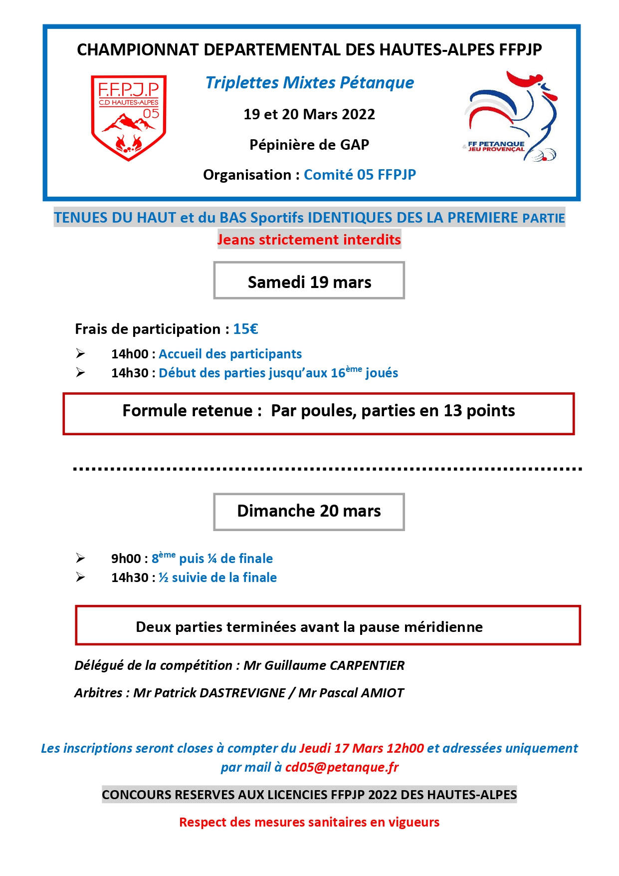 Championnat Départemental Triplettes mixte 19 et 20 Mars 2022