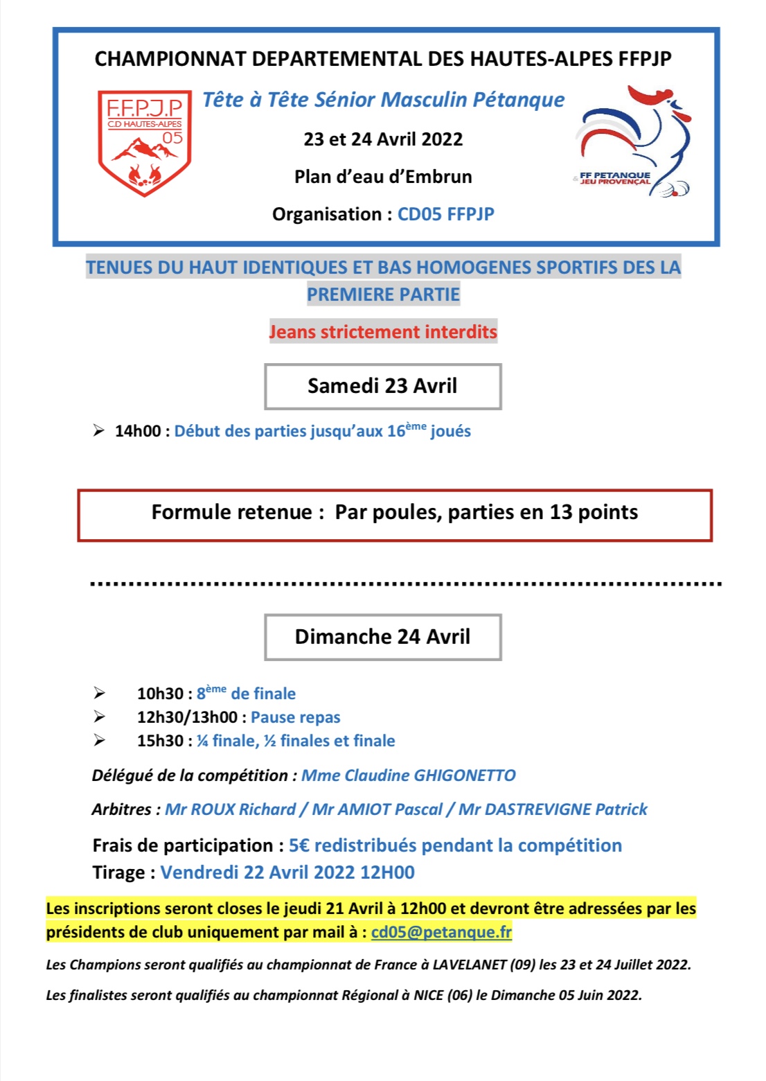 Championnat Départemental Tête à Tête Senior et Doublettes Féminin au plan d’Eau d’Embrun 23 et 24 Avril 2022