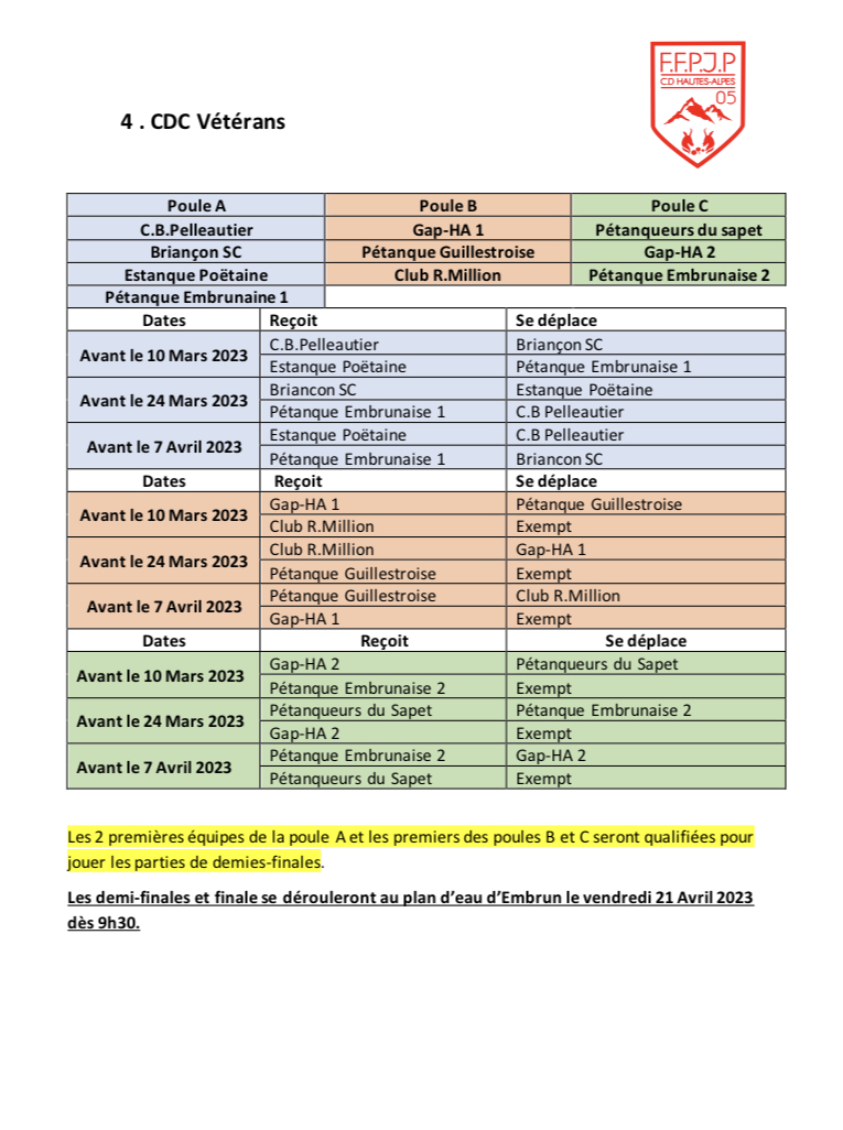 Calendrier CDC Vétéran 2023