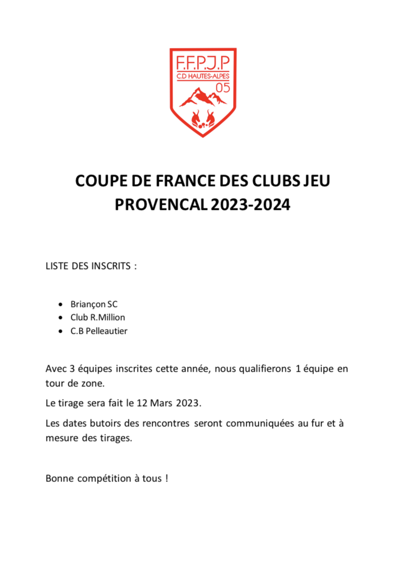 Coupe de france des Clubs Jeu-Provençal 23/24