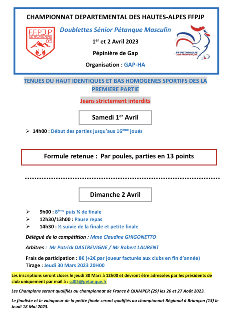 Affiche Championnat Départemental Doublettes Masculin 1 et 2 Avril Gap
