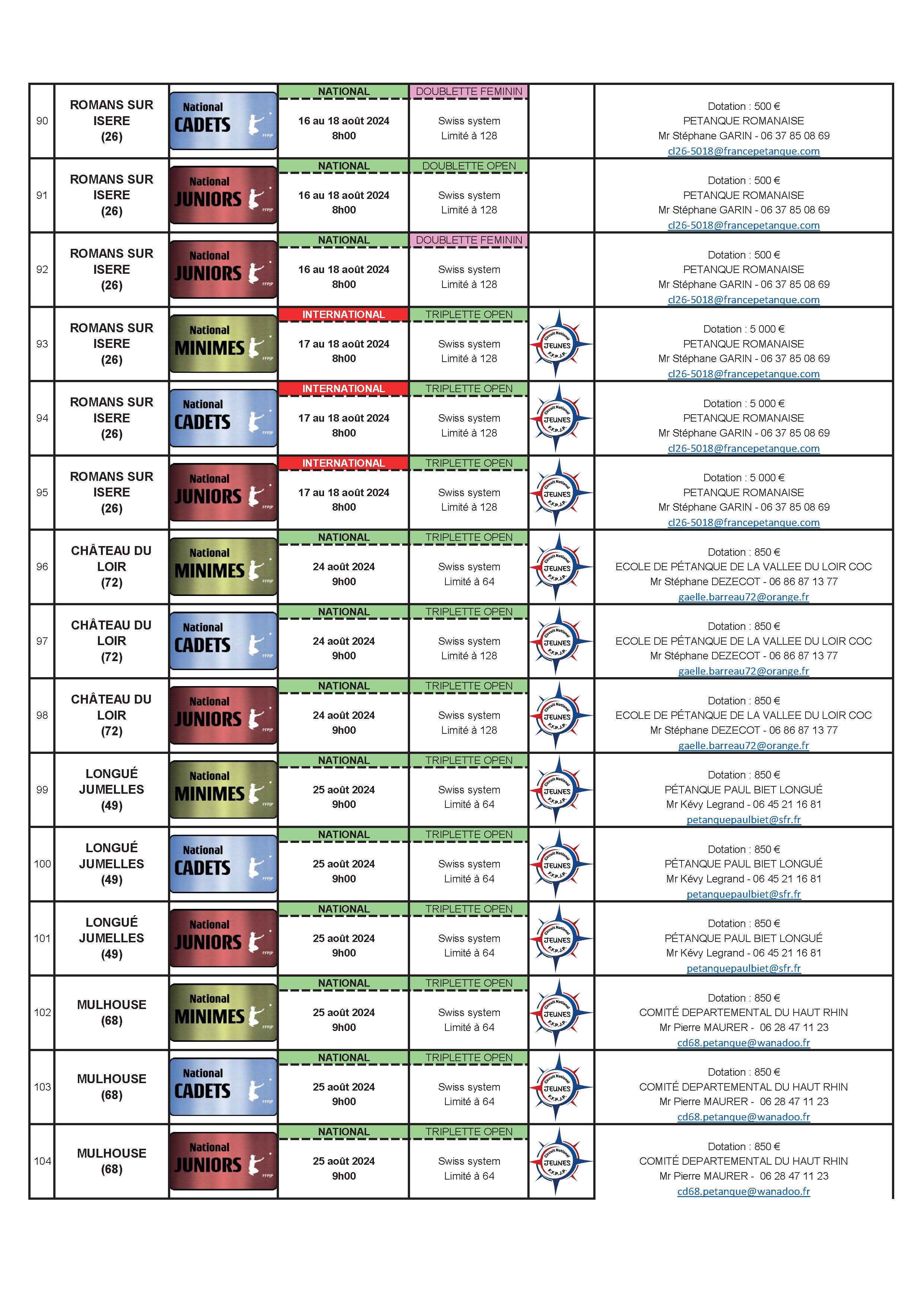 Calendrier jeunes 2024