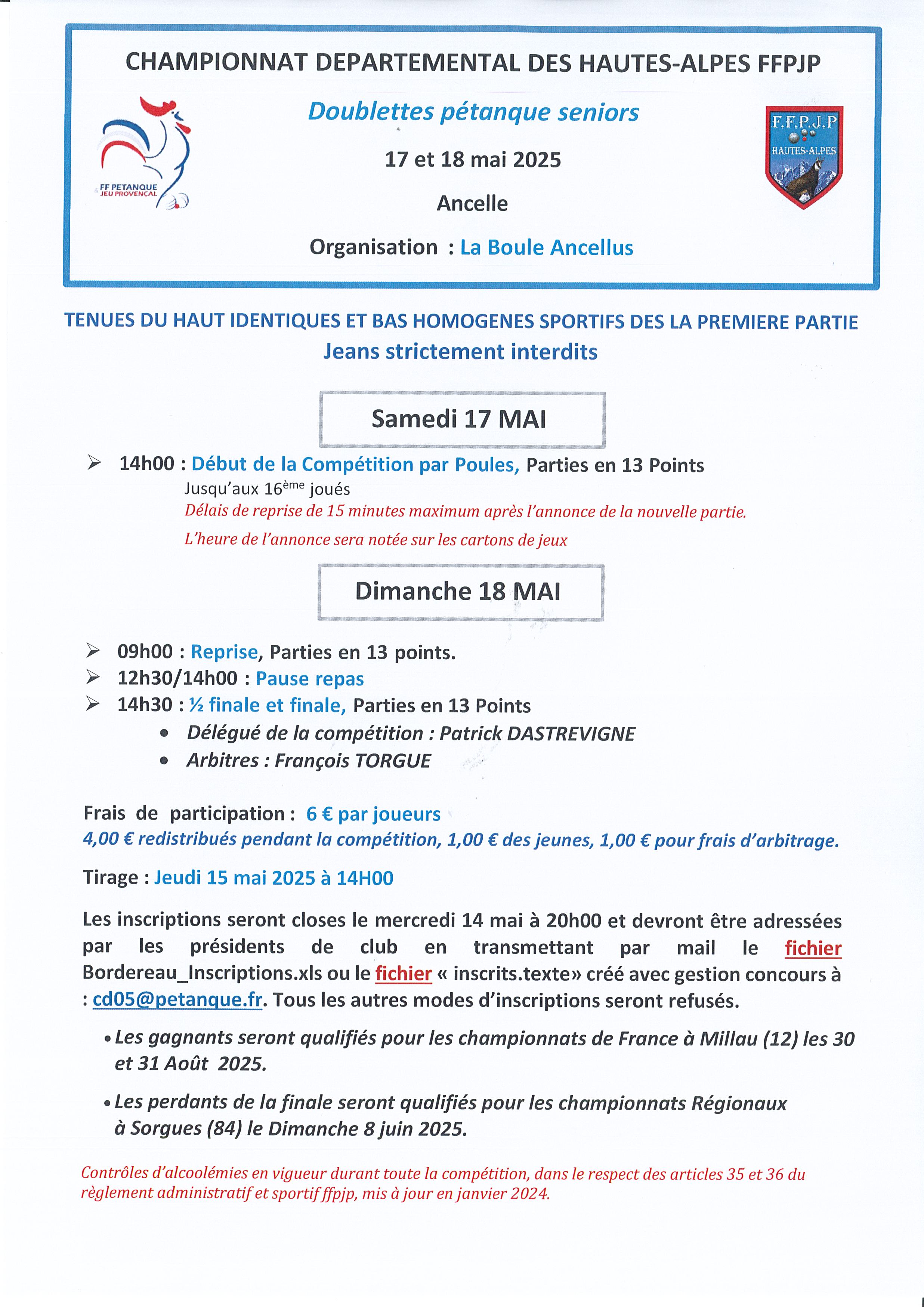 Championnat Départemental Doublettes Pétanque Séniors les 17 et 18 mai 2025 à Ancelle