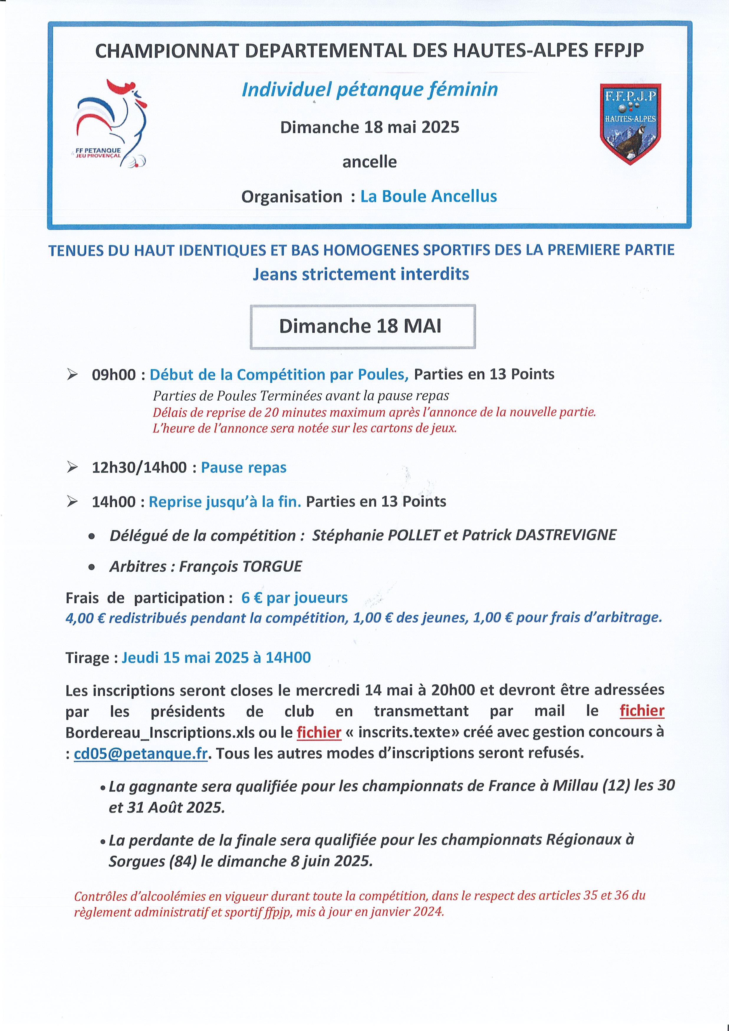 Championnat Départemental Individuel Pétanque Féminin le 18 mai  2025 à Ancelle